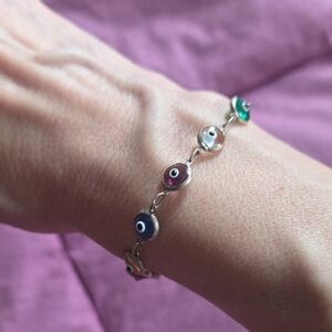 Claasic Multicolor Evil Eye Bead 7" Silver Bracelet